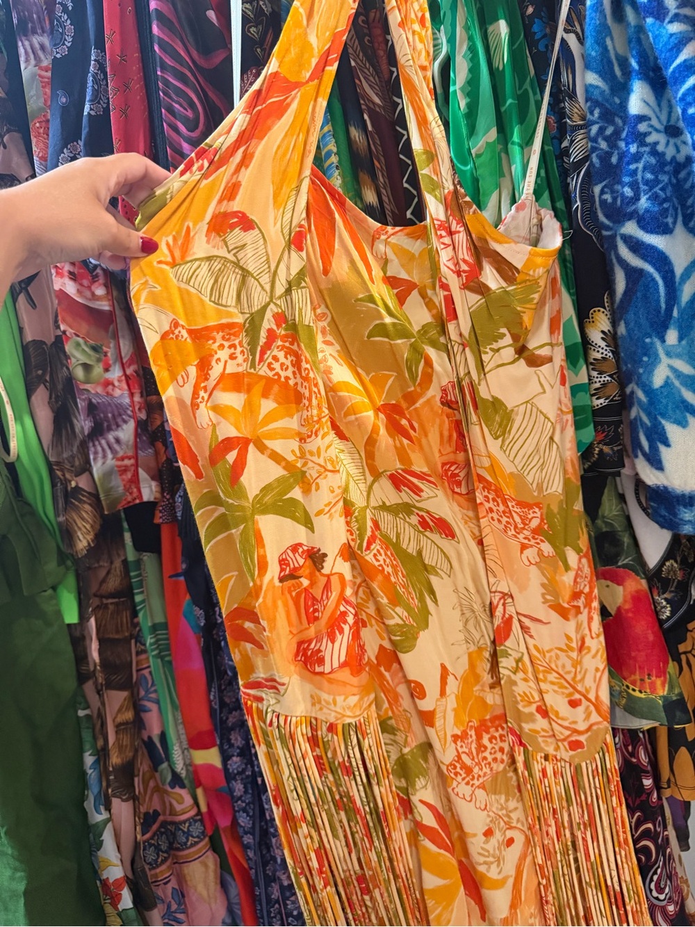 NWT Farm Rio Orange & Green Tropical Fringe Halter Dress Sz S - Picture 3 of 5